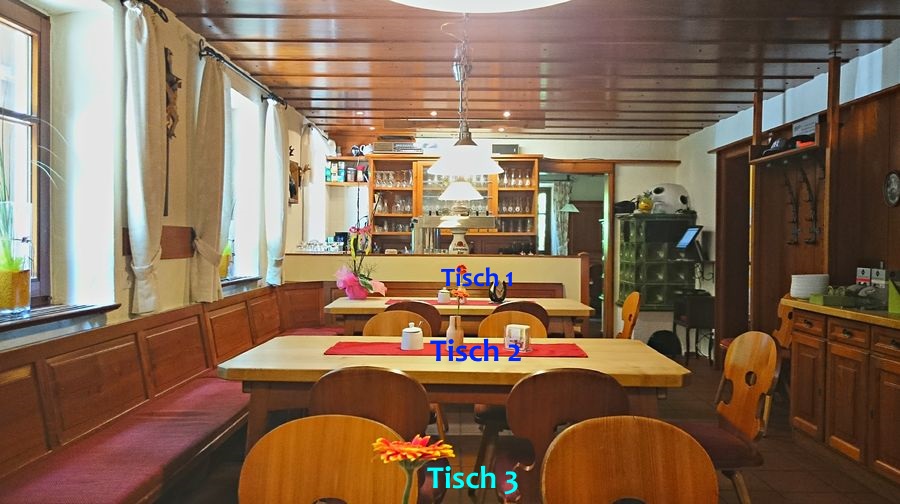 Foto des Gastraums mit den nummerierten Tischen 1 bis 3
